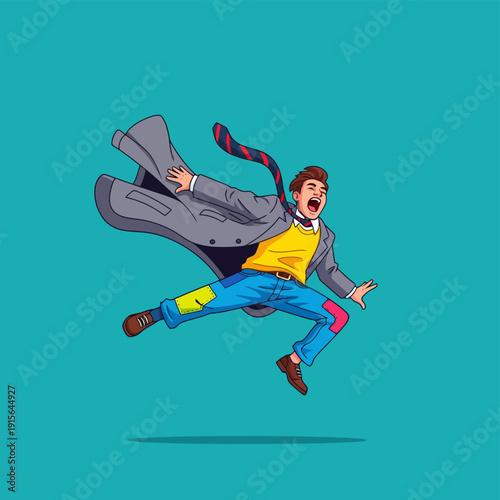 Energetic man in trench coat jumping or falling in the air