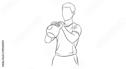 A black and white line drawing depicts a muscular man throwing a ball showcasing athletic posture and movement in a sports context