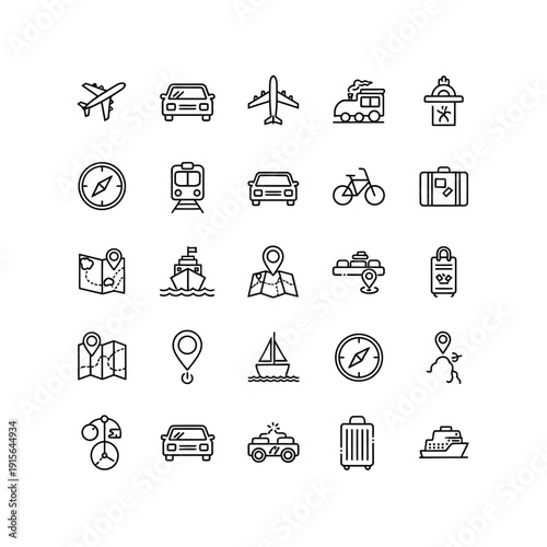 Collection of black and white icons representing various modes of transportation and travel-related elements for navigation and journey planning purposes in a simple line art style.