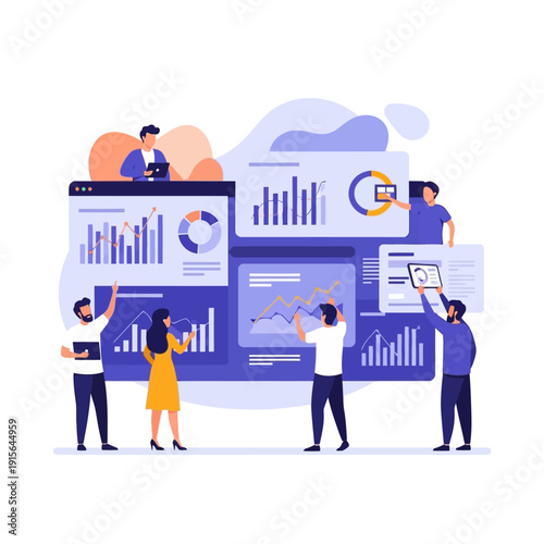 Team analyzing business data on large screens together.