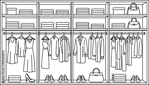 Detailed black and white line art illustration showcasing a well-organized walk-in closet filled with neatly folded clothes hanging garments and various accessories like handbags and shoes