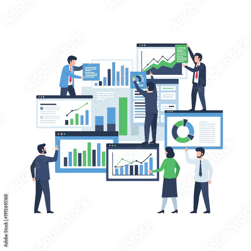 Business professionals analyzing data on various charts and graphs.