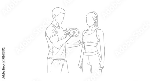 A black and white line drawing depicts a man and a woman both engaged in a weightlifting exercise showcasing fitness and training