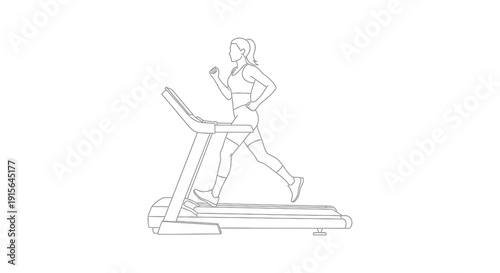 A black and white line drawing depicts a woman running on a treadmill showcasing a fitness workout routine and exercise equipment