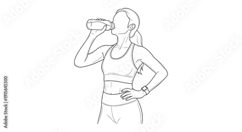 A black and white line drawing depicts a woman in athletic wear drinking water from a glass possibly after a workout