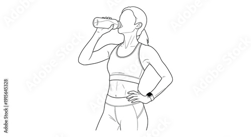 A black and white line drawing depicts a woman in athletic wear drinking water from a bottle likely during or after exercise