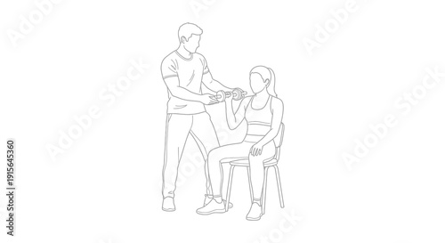 A black and white line drawing depicts a man assisting a woman seated on a chair with leg exercises demonstrating physical therapy techniques