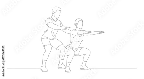 A black and white line drawing depicts two individuals performing a squat exercise demonstrating proper form and fitness training