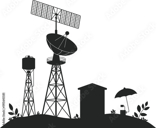 Satellite communication tower, radar dish, water tank, signal transmission, black silhouette vector, technology illustration, telecommunication equipment