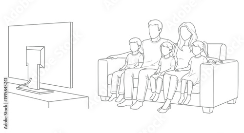 A black and white line drawing depicts a family of five seated on a sofa watching television in their living room