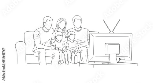 A black and white line drawing depicts a family of four a father mother and two children watching television together on a sofa