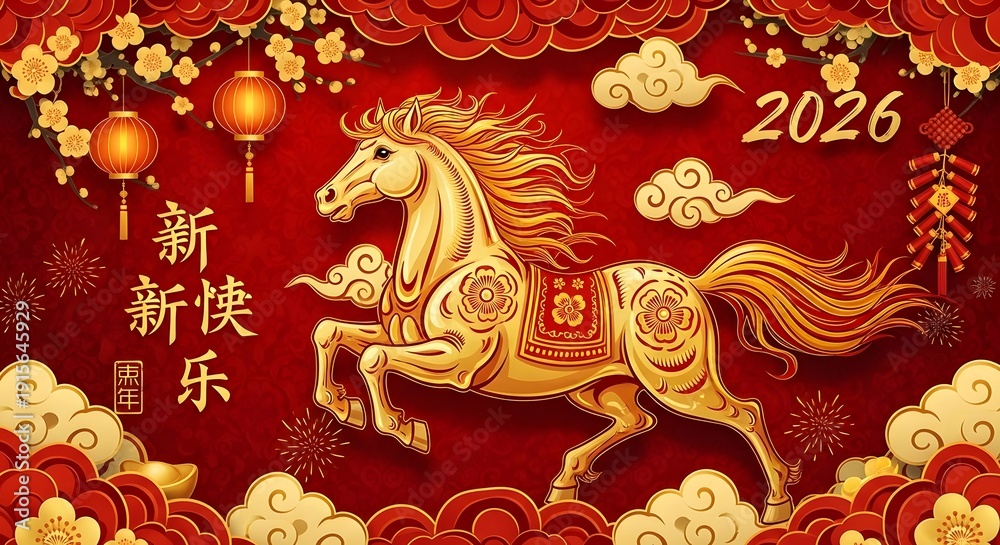 Fototapeta premium A vibrant and detailed illustration of a horse for the year 2026 chinese new year