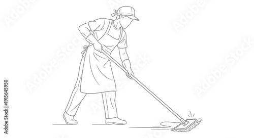A black and white line drawing depicts a woman wearing overalls and a cap diligently mopping a floor with a long handled mop