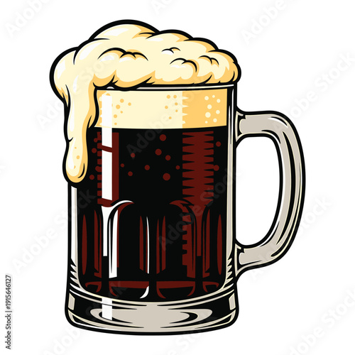Cartoon style dark beer mug with frothy overflowing foam, festive beverage illustration for brewing and celebration themes