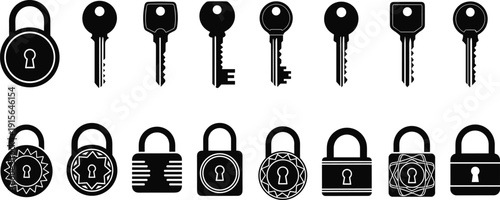 Black vector silhouette set of various padlocks and door keys for home security locksmith services privacy protection safety systems and modern property access branding design