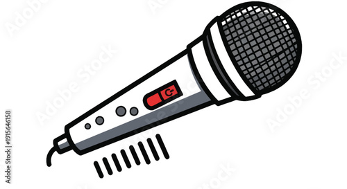 Gray wired microphone with red power button and black grid head on transparent background