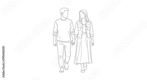 A black and white line drawing depicts a man and a woman walking hand in hand seemingly in a casual intimate moment
