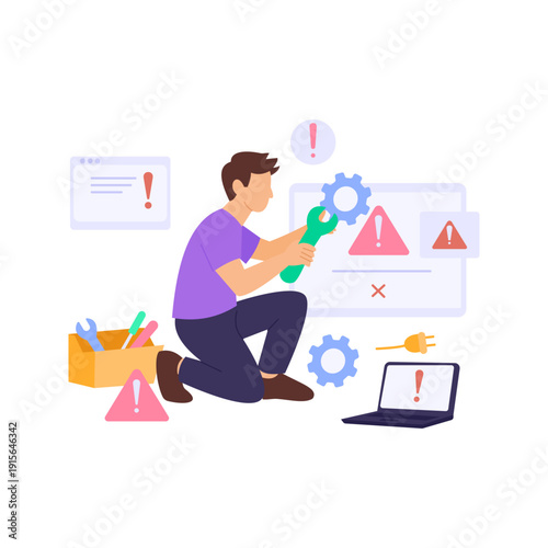 Error Handling and Troubleshooting, resolving system issues efficiently, Flat vector character illustration