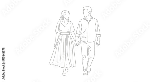 A black and white line drawing depicts a couple holding hands and walking forward showcasing a romantic and intimate moment