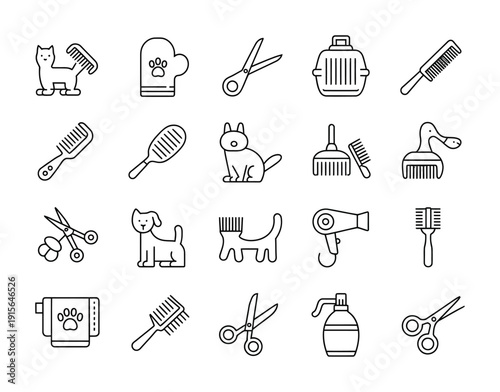 Vector of various pet grooming tools and animals