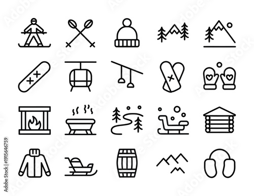 Vector illustration of various winter sports and activity icons in a grid