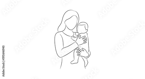 A simple line drawing depicts a mother gently embracing and cradling a small infant close to her chest in a tender moment