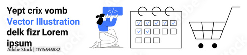 Task management, e-commerce, online planning, coding, programming, productivity tools. A person writing code next to a calendar and shopping cart icon. Task management and e-commerce concepts