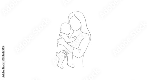 A simple black and white line drawing depicts a mother gently holding her baby close in a comforting embrace showcasing maternal love