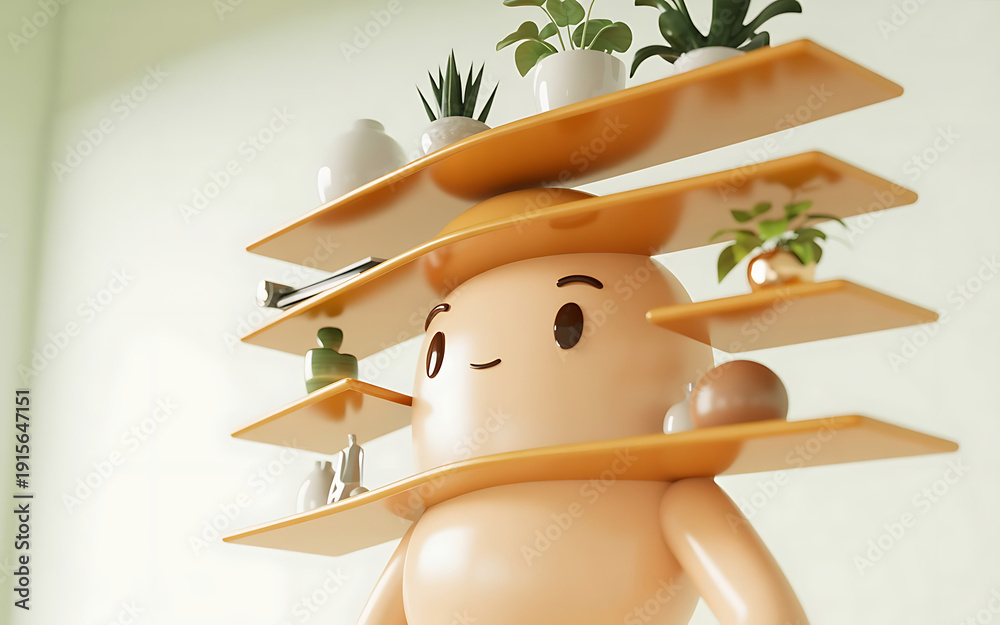 Fototapeta premium A cartoon character with a plant shelf on its head