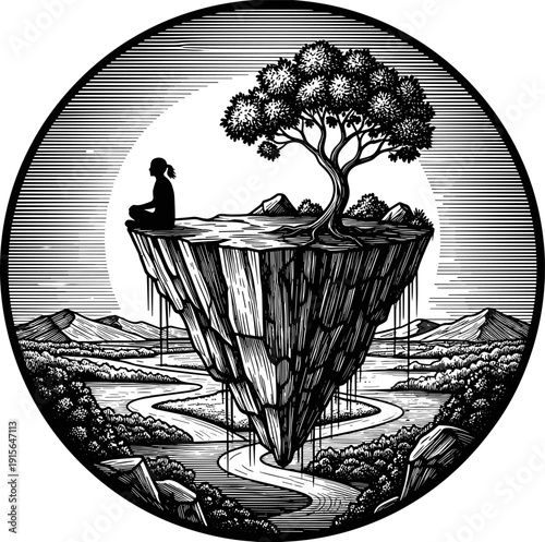 Person meditating cross legged floating land, tree canopy nature harmony, river mountain landscape circular frame, black and white surreal mindfulness illustration artwork