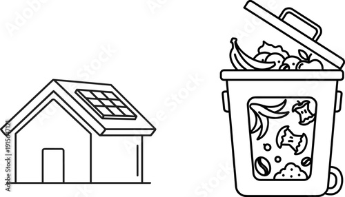 House rooftop solar panels renewable energy, compost bin organic waste recycling, eco friendly sustainable living practices, black and white environmental illustration set