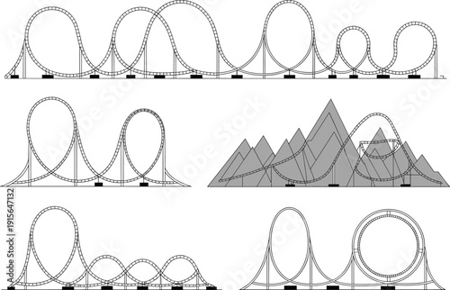 Roller coaster designs, theme park rides, loop tracks, thrill rides, amusement park attractions, mountain backdrop, funfair, entertainment, excitement, rollercoaster silhouettes