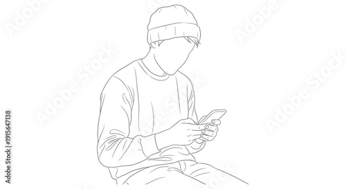A black and white line drawing depicts a young person wearing a beanie looking down at a phone in their hands seated