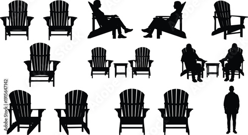 Title: Black silhouettes of Adirondack chairs and people interacting outdoors showing seating arrangements, social poses, and furniture layout for design inspiration