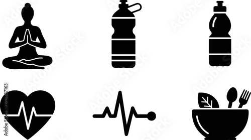 Meditation yoga mindfulness pose, water bottle hydration wellness, heart EKG cardiovascular health monitoring, bowl leaf nutrition healthy eating, black and white lifestyle illustration set
