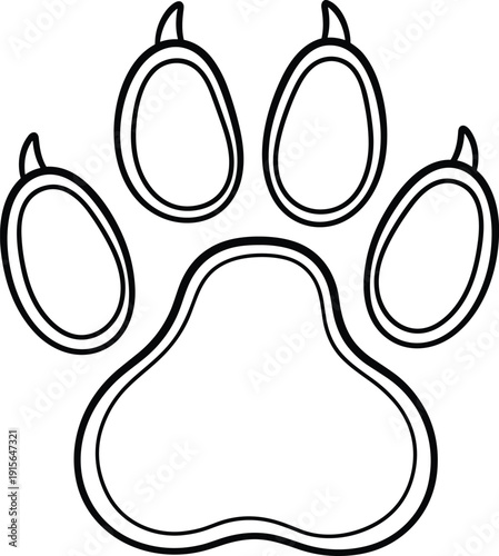 A stylized outline drawing of a cat paw print with four distinct toe pads. isolated on transparent background, Vector