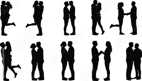 Romantic silhouette collection of diverse couples embracing, kissing, and holding hands, expressing love, affection, and togetherness, ideal for illustrating relationships and special moments