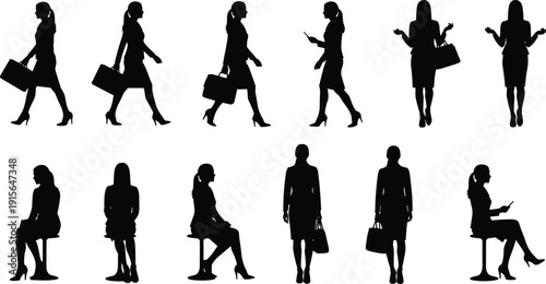 Collection of professional businesswoman silhouettes in various poses including walking with a briefcase, using a smartphone, and sitting on chairs.