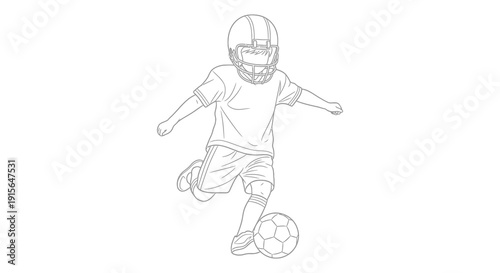A black and white line drawing depicts a young football player running forward while kicking a soccer ball with focused determination