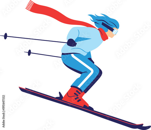Dynamic skier navigating downhill with ski poles extended for balance. isolated on transparent background, Vector