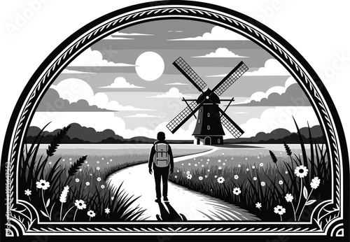 Black and white vector illustration of a traveler walking on a rural path towards a traditional windmill under cloudy sky.