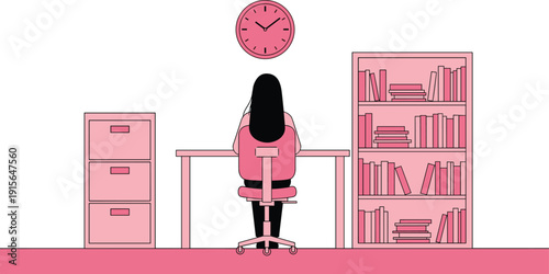 Minimalist pink illustration of a woman working at a desk with bookshelf, filing cabinet, and wall clock behind her.