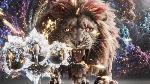 Majestic lion with glowing blue eyes and crystal fur roars in starry night sky