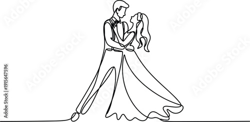 Romantic wedding couple dancing, bride and groom line art, elegant love illustration, continuous line drawing, marriage moment artwork design
