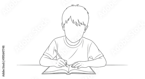A black and white line drawing depicts a young boy sitting at a desk writing in an open book with a pen in