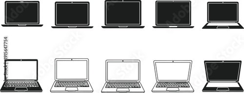 Laptop computer icon set, front view notebook devices in solid and outline style, modern portable technology symbols isolated on white background