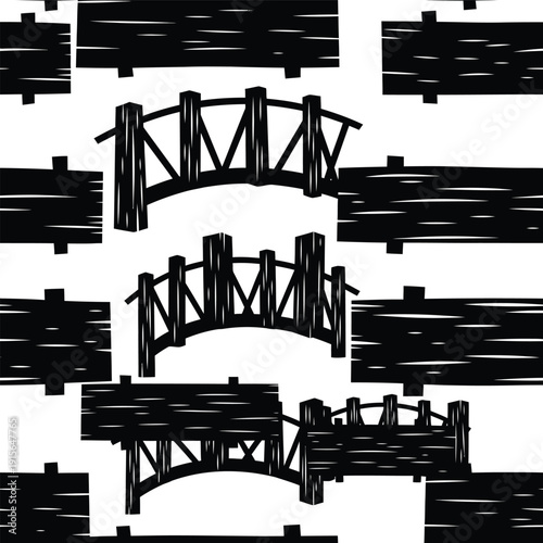 Illustration of wooden bridges over water from aerial view