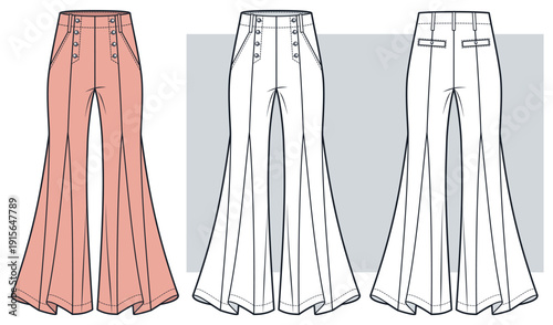 High Waist Godet Flare Pants Technical Fashion Flat Sketch. Women Bell Bottom Trousers Fashion Flat Technical Drawing Template, front and back view, white, dusty pink, women, men, unisex CAD mockup.