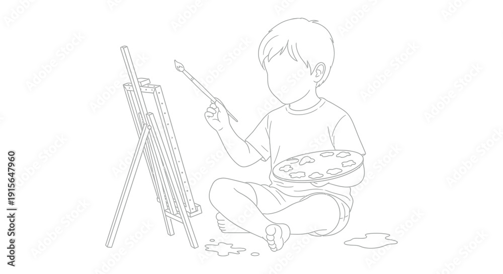 Fototapeta premium A black and white line drawing depicts a young boy seated and painting on an easel holding a paintbrush and palette
