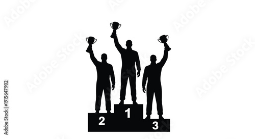 Three athletes celebrating victory on a podium black silhouette